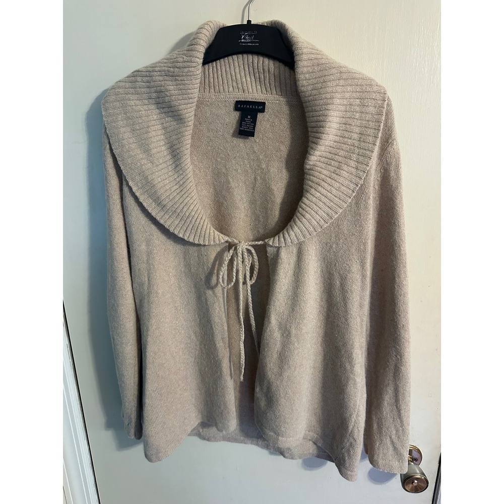 Rafaella Beige Cotton Angora Blend Shawl Collar Tie Front Cardigan Sweater Med.